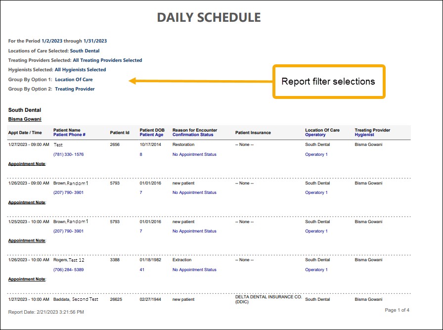 Sample Daily Schedule Report with yellow text box pointing to the report filter selections.